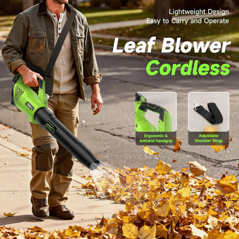 Man using Cordless Leaf Blower With Dual 5.2Ah Batteries And Charger 650 CFM Electric Blower 3 Speed Modes for patio cleanup