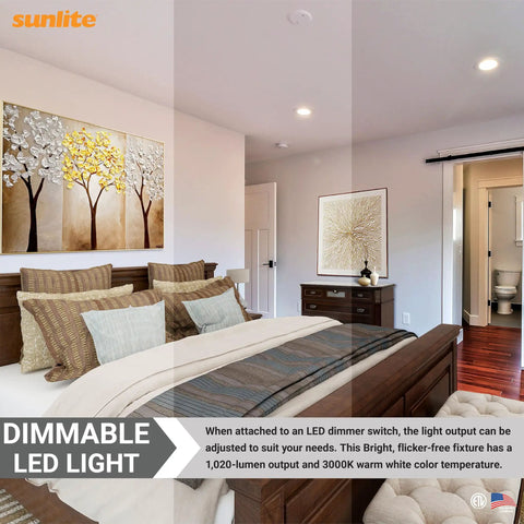 Modern bedroom with 6-Inch Round LED Recessed Lighting Kit For Home, 15 Watts 100W Equivalent, 1020 Lumens, Dimmable, ETL Listed