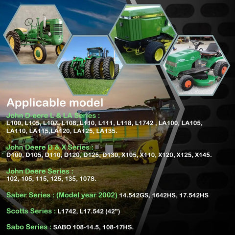 Image showing various John Deere tractors and lawn mowers with models compatible with Brake Pad Kit For L LA D And X Series Tractors And Lawn Mowers Compatible With Popular Models In L LA D X Series Replaces GX20515 GX20494 GY21390 GY20825.