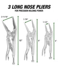 Three long nose pliers from the Seven Piece Locking Pliers Set With Curved Jaw And Needle Nose Vise Grips For Every Grip