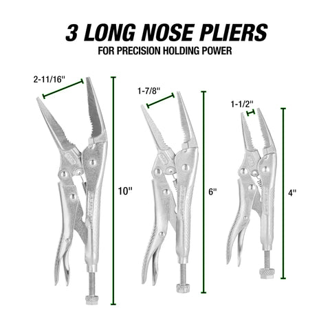 Three long nose pliers from the Seven Piece Locking Pliers Set With Curved Jaw And Needle Nose Vise Grips For Every Grip