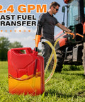 Heavy Duty Battery Powered Fuel Transfer Pump Delivers 2.4 GPM Smooth Flow For Gasoline And Diesel Zero Cord Hassles in use with tractor.
