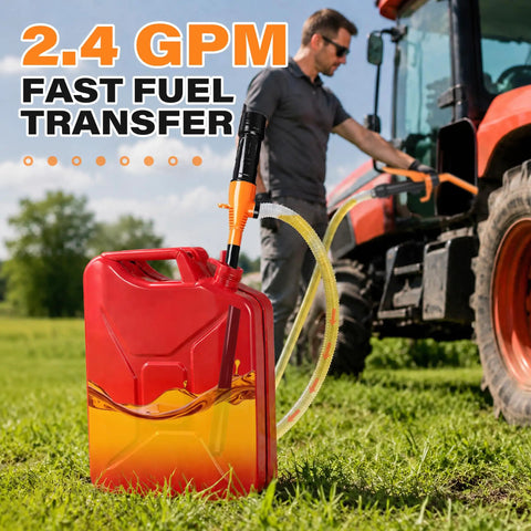 Heavy Duty Battery Powered Fuel Transfer Pump Delivers 2.4 GPM Smooth Flow For Gasoline And Diesel Zero Cord Hassles in use with tractor.