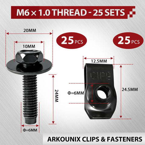 50 Pcs M6x1.0 Automotive Body Bolts And U Nut Clips Kit For Fender Liner Engine Splash Shield Bumper And Underbody Fasteners
