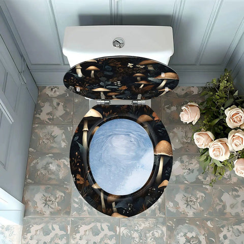 Vintage Resin Toilet Seat for Bathroom with mushroom design, top view showing installation on a toilet.