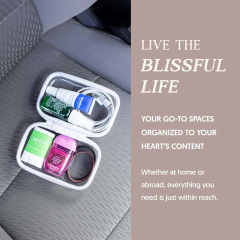 Top Shelf Hard Sided Clear Zipper Boxes For Quick Storage And Road Trips, Nail The Mess With Bpa Free Plastic Pencil Case And Toiletry Bag, Hella Durable Two Piece Xs Bundle filled with toiletries in a car.