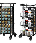 Heavy Duty Metal Spray Paint Storage Rack Eight Tier Lube Can Organizer with assorted cans on four shelves.