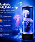Lifelike Jellyfish Lamp With Sixteen Color Options And Four Modes Auto Shutoff Remote Controlled LED Night Light glowing in blue.
