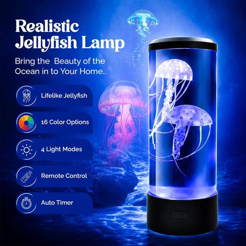 Lifelike Jellyfish Lamp With Sixteen Color Options And Four Modes Auto Shutoff Remote Controlled LED Night Light glowing in blue.