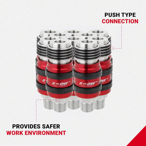 Heavy Duty Five In One Universal Safety Exhaust Quick Connect Industrial Coupler for fast air venting, showcasing push type connection.