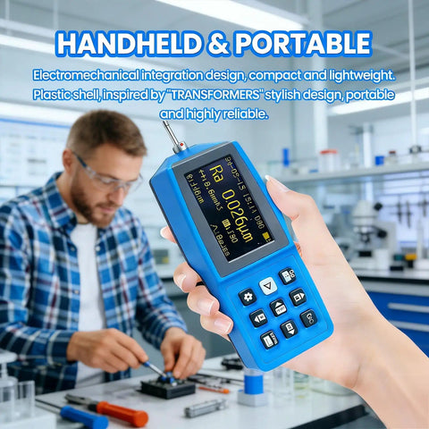 Handheld Portable Surface Roughness Tester And High-Precision Digital Profilometer, shown in a lab setting with technician in background.