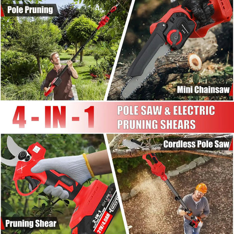 Do It All Cordless Pole Saw Kit For Easy Tree Trimming With 8 Inch Bar Mini Chainsaw Electric Pruning Shears in use