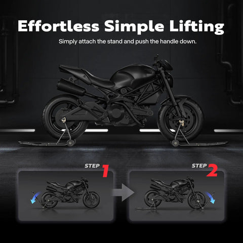Beefy Heavy Duty Universal Motorcycle Stands With Front And Rear Wheel Lift 882 Lb Capacity Adjustable Swingarm Spools Paddock Stand Combo