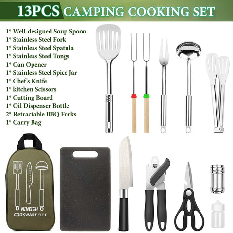 Camping Cooking Utensils Set With Stainless Steel Grill Tools And Portable Kitchen Gear For Travel Tenting RV Van Picnics Green 13 Piece Road Trip Ready Cookware Essentials displayed with cutting board and utensils.