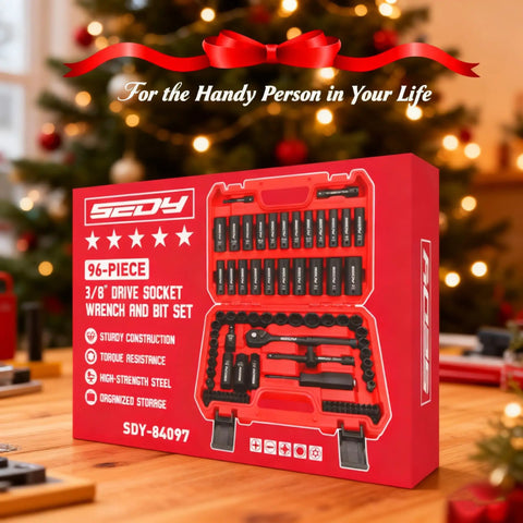 Garage-Grade Do-It-All 96 Piece Three Eighths Inch Drive Impact Socket Set With Wrench And Bits in red box on table