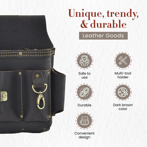 10 Pocket Electrician's Tool Pouch Built From Full Grain Oiled Leather, showing details like hook, pockets, and stitching.