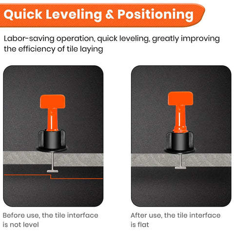 Pro Grade Tile Leveling System Kit With 200 Reusable Leveler Spacers 1000 Cross Shaped One Twelfth Inch Spacers Five Wrenches Fifty Replaceable One Sixteenth Inch Steel T Pins For Fast Wall And Floor Tile Installation showing before and after tile leveling results for quick positioning.