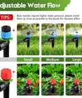 Adjustable water flow nozzles in Two Hundred Forty Foot Drip Irrigation Kit With No Hassle Quick Connect Fittings For Easy Setup Automatic Garden Watering System