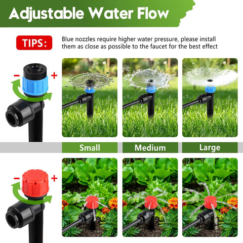 Adjustable water flow nozzles in Two Hundred Forty Foot Drip Irrigation Kit With No Hassle Quick Connect Fittings For Easy Setup Automatic Garden Watering System
