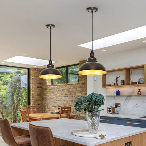 Three Pack Farmhouse Pendant Lights With Adjustable Height For Kitchen Island, Industrial Barn Style Ceiling Fixtures In Oil Rubbed Bronze With Gold Interior, Durable Metal Trio Lighting Over Island Sink