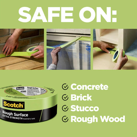 Rugged Painter's Tape For Rough Surfaces 1 Inch By 60 Yard Green 4 Pack used on concrete, brick, stucco, and rough wood surfaces.