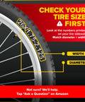 Close-up of bike tire showing size 26x1.75-2.125 for Set Of 2 26 Inch Bike Inner Tubes Fits 26x1.75 26x1.90 26x1.95 26x2.0 26x2.10 26x2.125 Butyl Rubber Tubes With 32mm Schrader Valve For Mountain Cruiser City And Kids Bikes