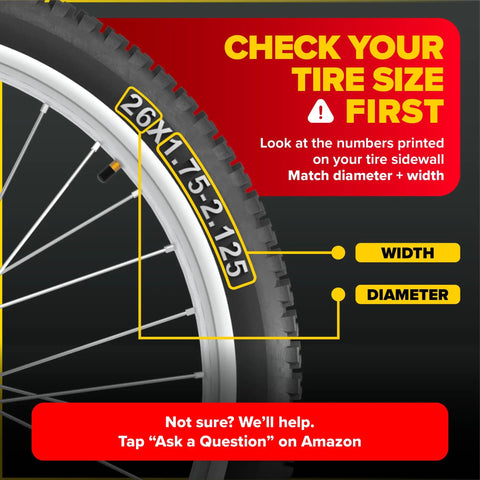 Close-up of bike tire showing size 26x1.75-2.125 for Set Of 2 26 Inch Bike Inner Tubes Fits 26x1.75 26x1.90 26x1.95 26x2.0 26x2.10 26x2.125 Butyl Rubber Tubes With 32mm Schrader Valve For Mountain Cruiser City And Kids Bikes
