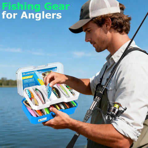 Man holding Telescopic Fishing Rod And Reel Combo with 373 Piece Tackle Box by the lake, examining lures in sunlight.