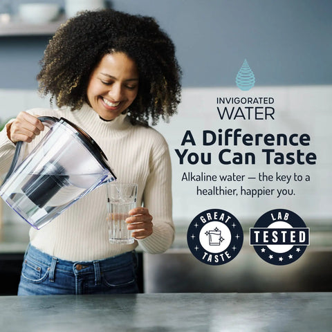 Person pouring from High PH Alkaline Water Filter Pitcher With 15 Cup Capacity, BPA Free Plastic, Multi Stage Filtration Reducing Chlorine And Lead