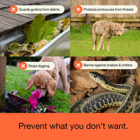 Collage showing uses of Heavy Duty Plastic Chicken Wire Fence For Pet Protection 15.7 Inches By 10 Feet Black HDPE Mesh