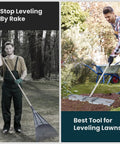 Lawn Leveling Rake 30x10 Inch in use on a garden, heavy duty landscape rake, achieving golf course flatness at home
