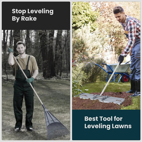 Lawn Leveling Rake 30x10 Inch in use on a garden, heavy duty landscape rake, achieving golf course flatness at home
