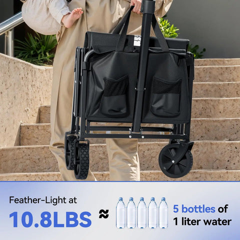 Person carrying collapsed Collapsible Folding Wagon With 180lb Capacity Lightweight Utility Cart, showing lightweight design.