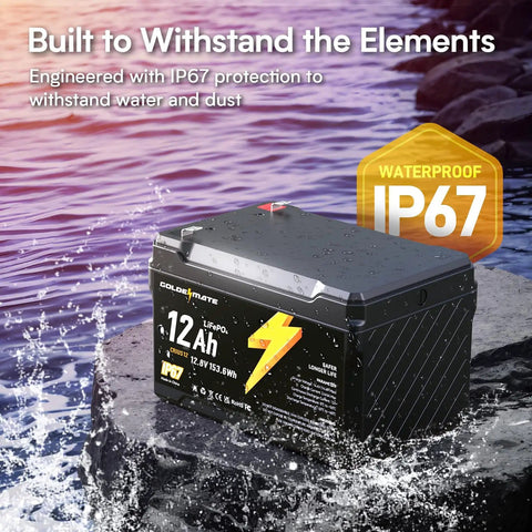 12V 12Ah LiFePO4 Battery With Built In BMS IP67 Waterproof placed on a wet rock to show water resistance