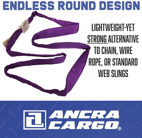 Endless Round Lifting Sling 1 Inch By 12 Feet Purple Lightweight Yet Built Tough displayed on blue background