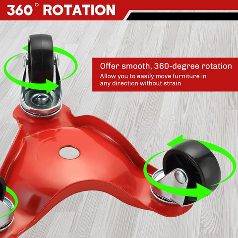 Close-up of 4 Pack Steel Tri-Dollies Set With 220 Lb Load Capacity, 3 Wheel Furniture Movers showing rotation ability