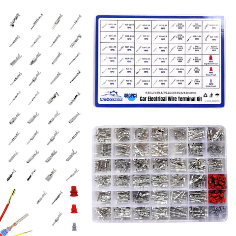 Car Electrical Wire Terminal Pin Connector Grab-And-Go Kit Pack with 540 pcs, 39 types, including non-insulated plugs and removal tools.