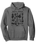 Vintage Patent Blueprint Drill Press Technical Drawing Pullover Hoodie in dark gray, comfortable fabric showcasing drill press design.