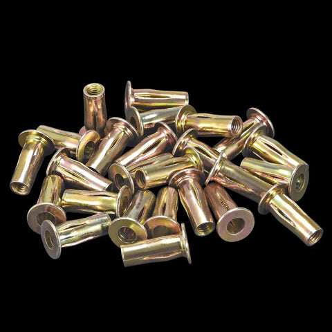 Rock Solid Pre Bulbed Shank Rivet Nut Kit With 25 Pcs Zinc Plated Carbon Steel Threaded Inserts Featuring Multi Grip Flat Heads, M6 threaded inserts.