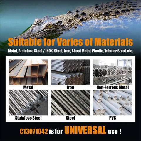 Collage of materials suitable for cutting: metal, stainless steel, iron, steel, non-ferrous metal, PVC under alligator image.