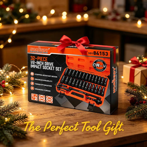 32 Piece 1/2 Inch Drive Impact Socket Set With Metric 10mm-24mm And SAE 3/8 Inch-1 Inch Deep Sockets Extension Bar Swivel Socket Adapter CR-V Steel Built For Auto Repair And Heavy Duty Mechanic Work, boxed with red ribbon