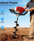 Man using 52cc Gas Powered Post Hole Digger 2HP Workhorse Heavy Duty Earth Auger in soil, showcasing power and dual-handle design.