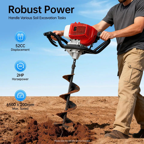 Man using 52cc Gas Powered Post Hole Digger 2HP Workhorse Heavy Duty Earth Auger in soil, showcasing power and dual-handle design.