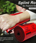 Red splint roll for fracture injury, 4.25x36 inches, wrapping around arm, shown with product details and applications.