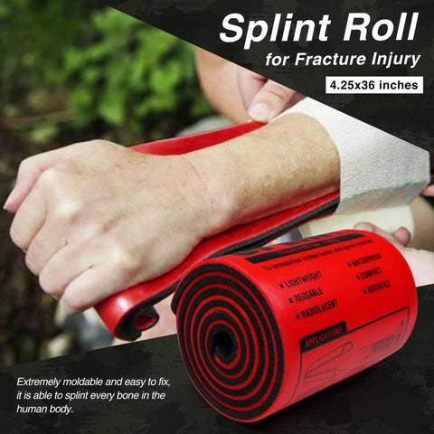Red splint roll for fracture injury, 4.25x36 inches, wrapping around arm, shown with product details and applications.