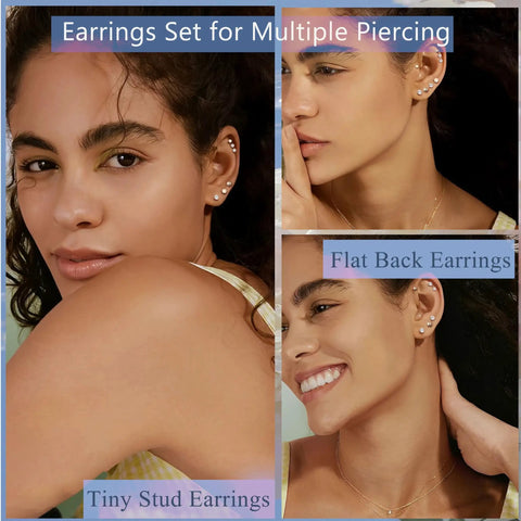 16 Pairs Cartilage Flat Back Stud Earrings Set for Women, Hypoallergenic CZ Sparkle, Tiny Ball and Flat Dot Designs, Gold Plated, Silver Plated, or Black Tone, Wear Solo or Layer Across Multiple Piercings on model