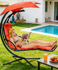 Freestanding Arc Stand Hanging Chaise Lounge Swing Chair With Curved Steel Frame For Patio Poolside Relaxation Hammock Lounger