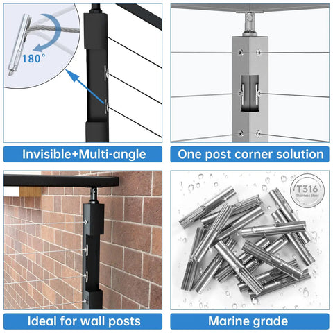 Invisible Cable Railing Kit No Visible Hardware 20 Pack For One Eighth Inch Wire Rope Fixed End Toggle Anchor Terminal Hardware For Hollow Metal Posts Stainless Steel T316 Stair Angle Deck One Post Corner CR07 closeup of multi-angle installation and components.