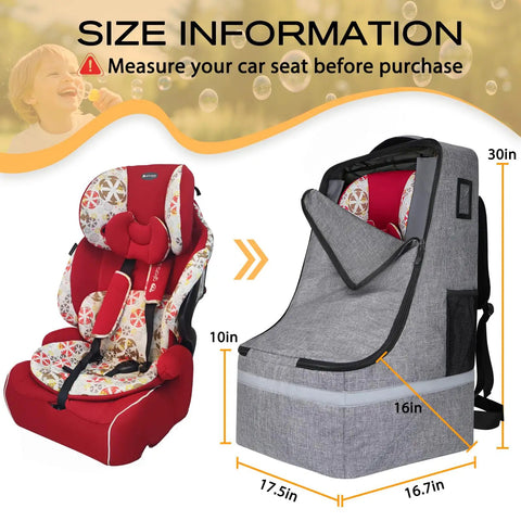 Gate Check Car Seat Travel Bag With Padded Backpack And Waist Belt Reflective Strips And Protective Feet next to a red car seat