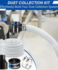 All In One 10 Ft PVC Dust Collection Hose Kit With 4 In To 2 And 1 Half In Cone Reducer, 4 In Flex Cuff, clamps, shown on machine